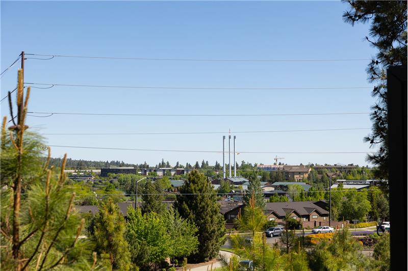 Views of the stacks at the Old Mill District and the Cascade mountains