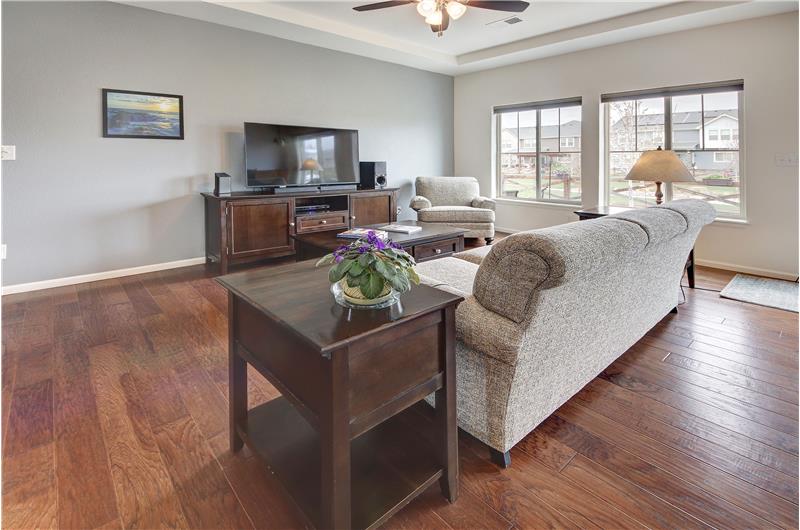 The Great Room has a lighted ceiling fan and windows facing the backyard that bring in plenty of natural light