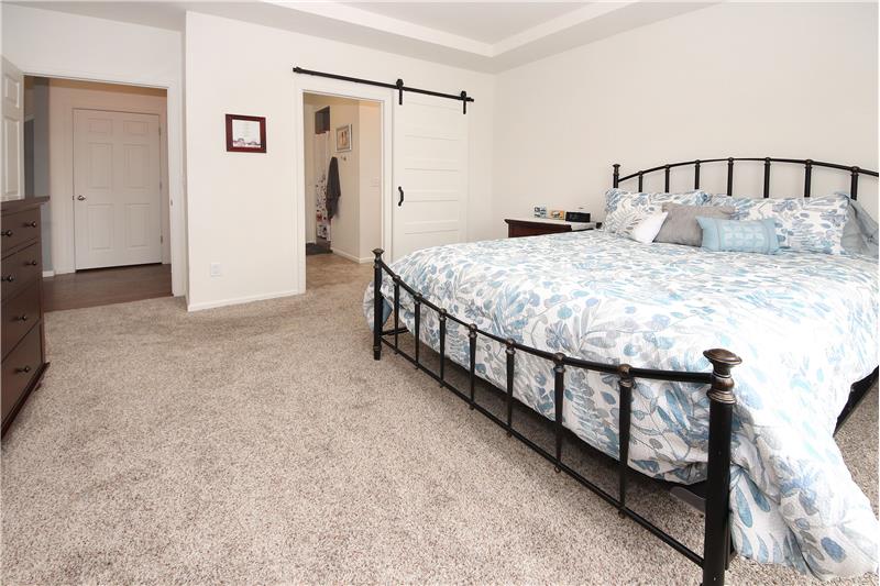 Main level Master Bedroom with barn door into the 4pc spa Bathroom