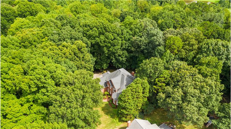 Aerial view: mature trees all around provide fantastic privacy.