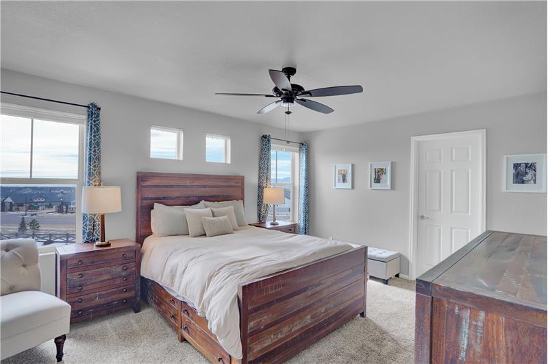 Upper Level Primary Bedroom with lighted ceiling fan, walk in closet, and adjoining Shower Bathroom