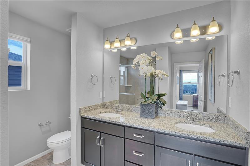 Primary Shower Bathroom with dual sink vanity and granite countertops