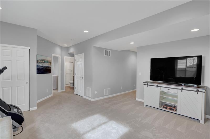 Basement Family Room with under stair storage and recessed lights