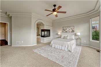 Relax in your private main level Primary Retreat with neutral carpet, a tray ceiling, lighted ceiling fan, and 3-side fireplace.