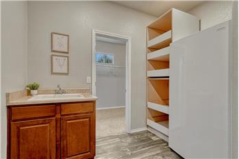 The main level Laundry Room features wood look tile flooring, a utility sink, built-in storage with pull-out shelves & a freezer