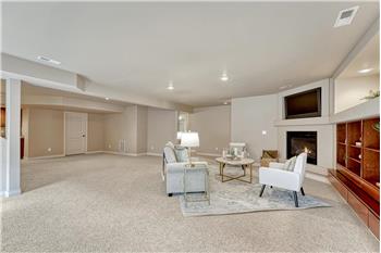 Large Basement Family Room with neutral carpet, gas fireplace, TV niche, and built-ins.