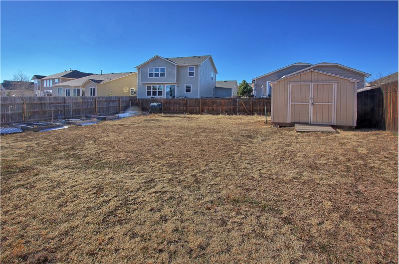 Backyard with raised garden beds, apple tree, and 10 x 10 storage shed