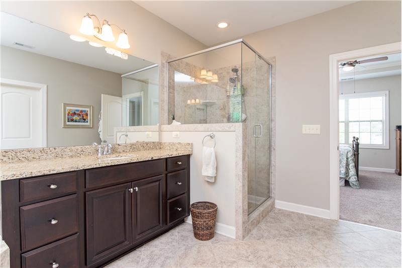 Beautiful light fixtures and the separate shower finish off the great features in this spa like bathroom.