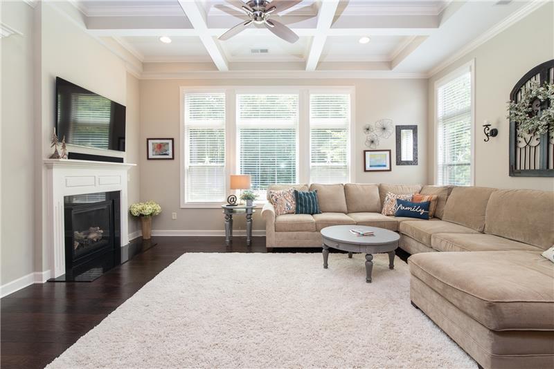 One of the first things that stands out about the great room is the fantastic coffered ceiling.