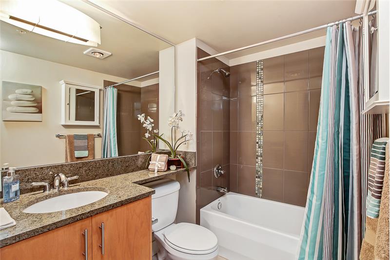 Beautiful bathroom with granite counter and bathtub