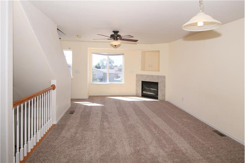 Spacious living room with a gas fireplace!