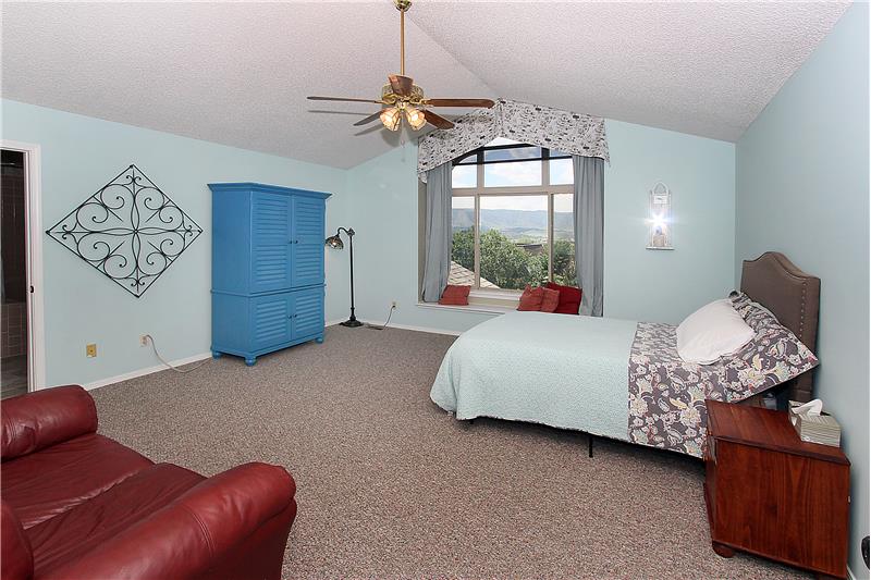 Accommodating master bedroom with awesome mountain views! New carpet, vaulted ceilings, and ceiling fan