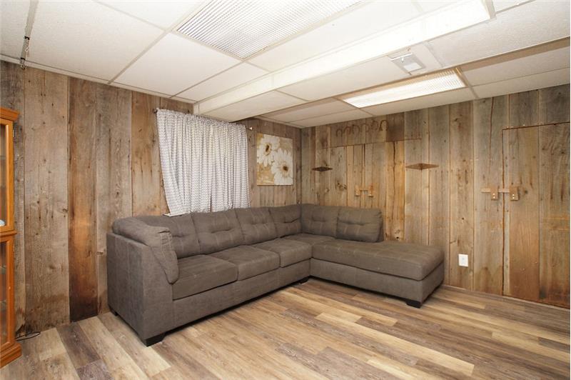 Family room with barn wood walls