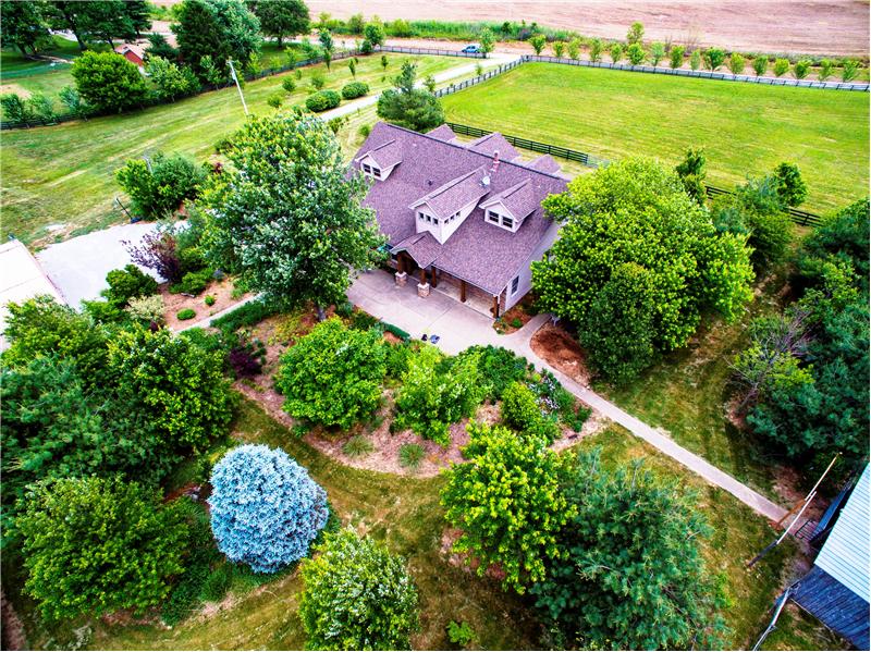 Aerial View of House, Front Field and Back Garden