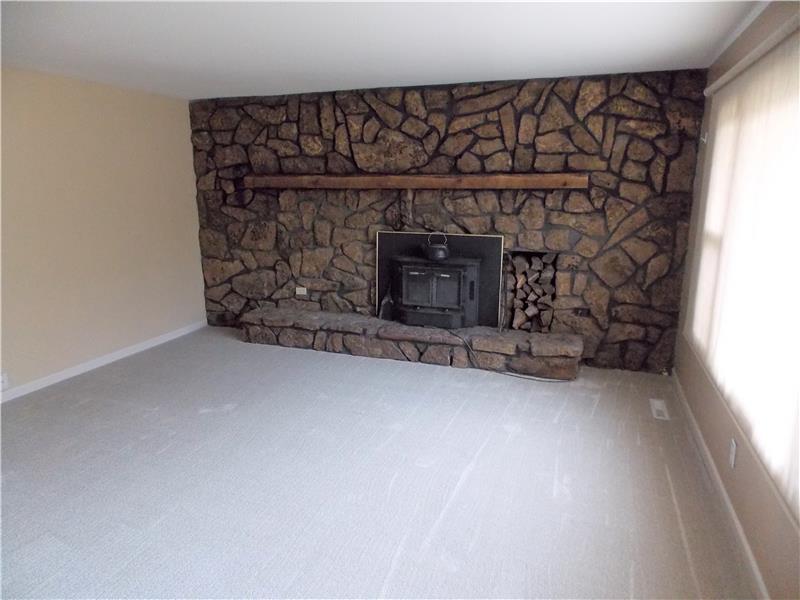 Living room fireplace with insert.