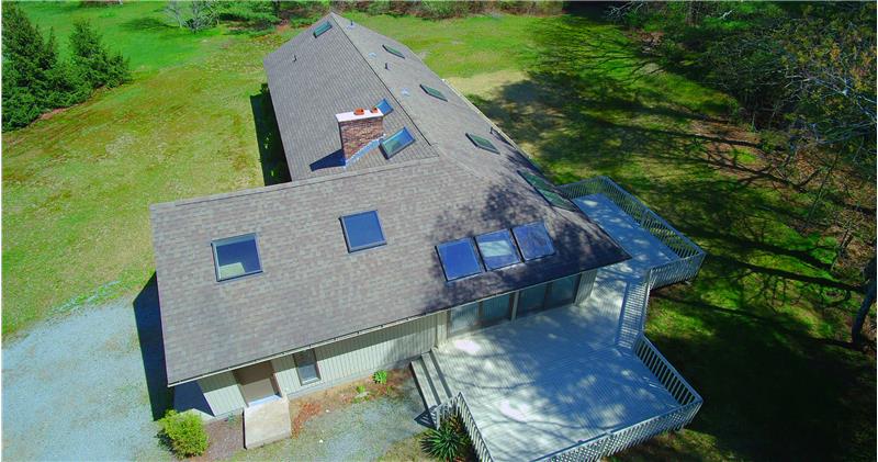Aerial overview of home- new roof, skylights, sliders & more