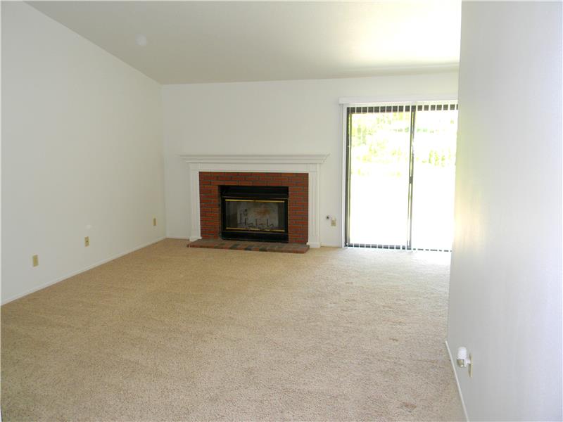The living room features a nice wood-burning fireplace