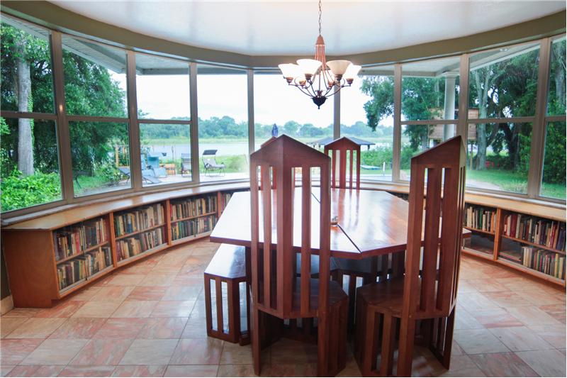 Dining room with built-in book shelves