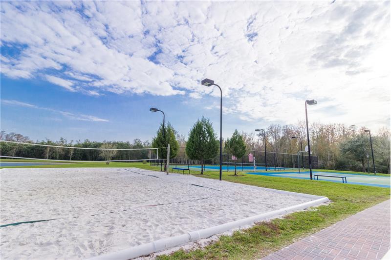 Sand volleyball, bocce ball, and basketball courts