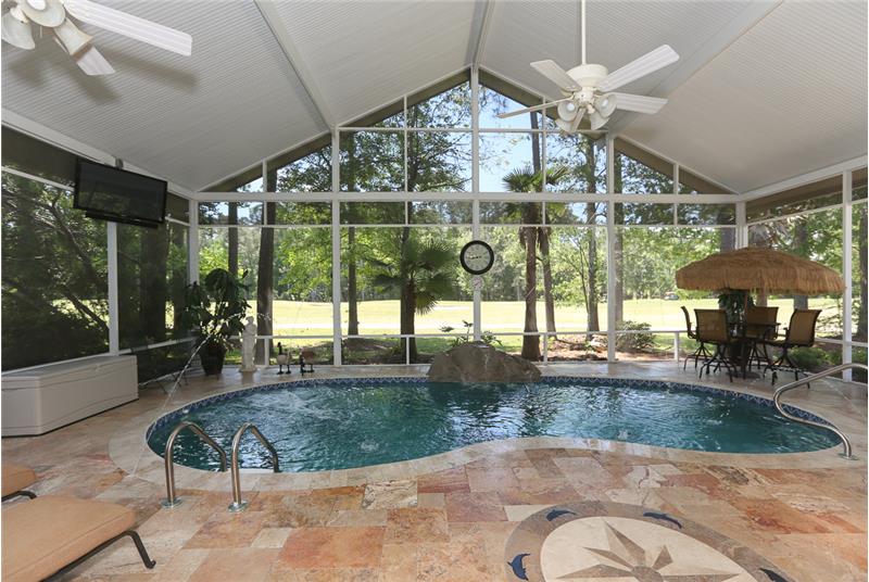 Look at the beautiful Travertine stone flooring with the inlaid compass design.
