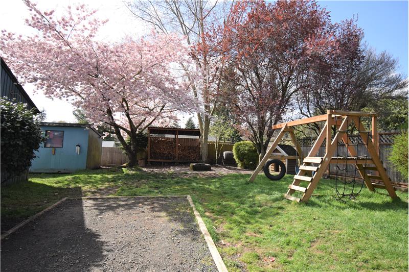 Incredible fully-fenced yard with mature fruit trees. Play set conveys with house, as does the woodshed!