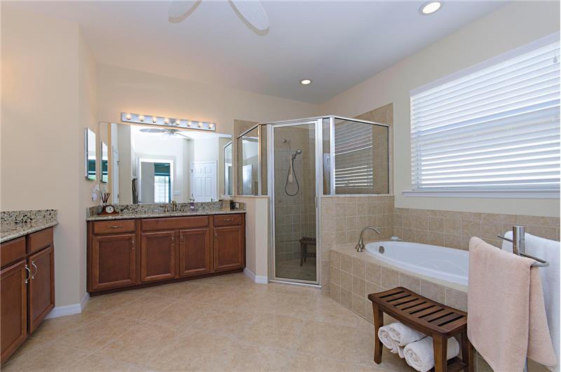 Separate sinks and walk-in shower