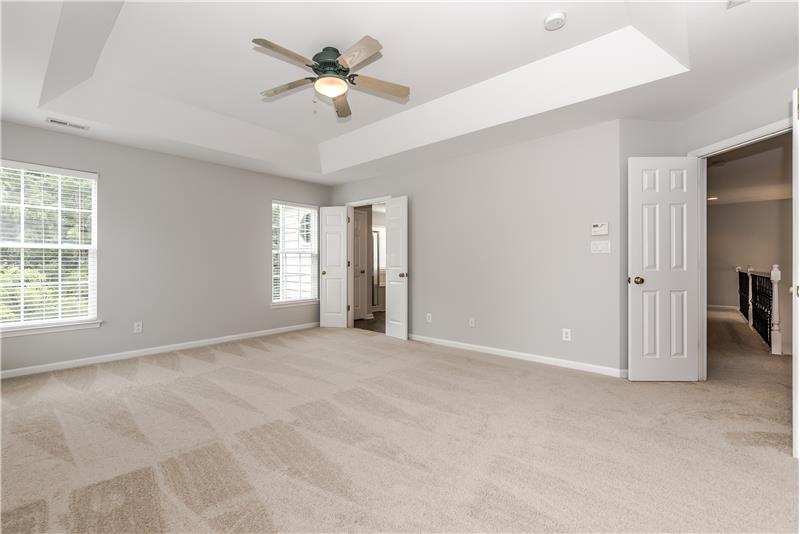 Master bedroom features trey ceiling, new carpet, fresh paint, double door entry, room for king-size bed.