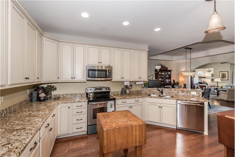 Stainless steel appliances, wood floors, recessed lights in kitchen.