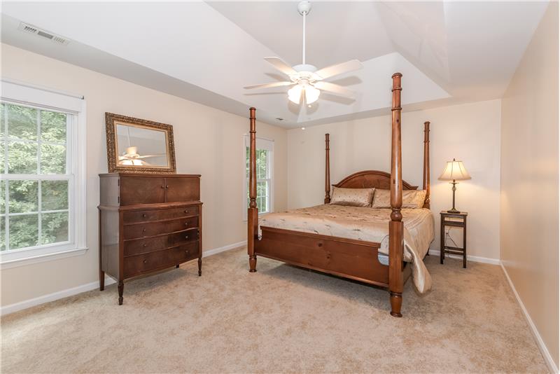 Serene and spacious master suite with trey ceiling, new carpet.