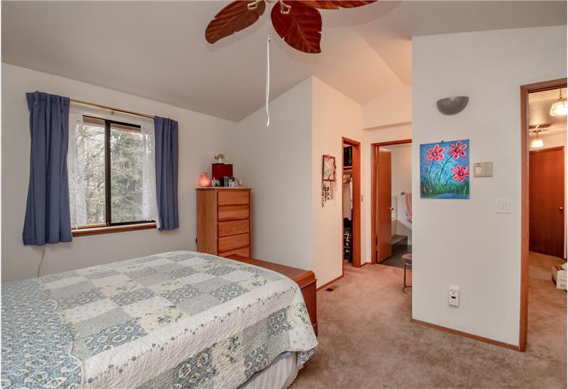 Vaulted ceiling in master.  Ceiling fan